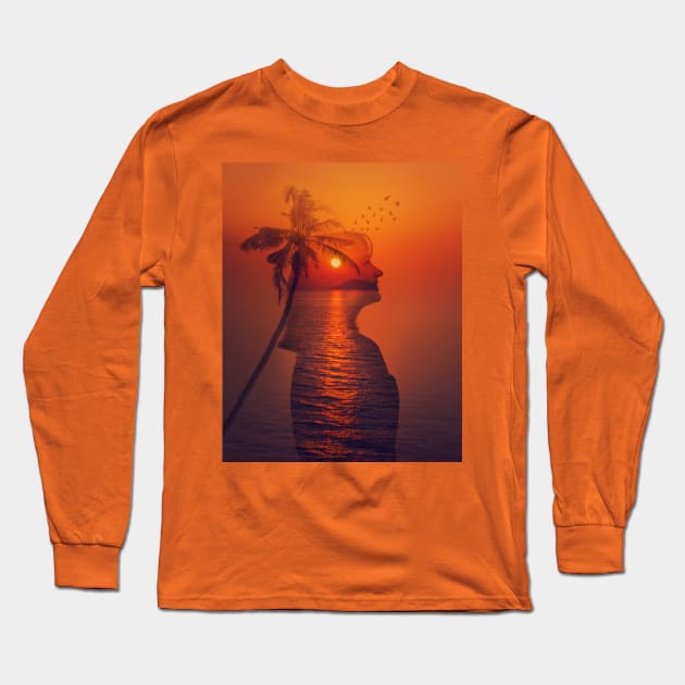 sea sunset double exposure Long Sleeve T-Shirt by 1STunningArt